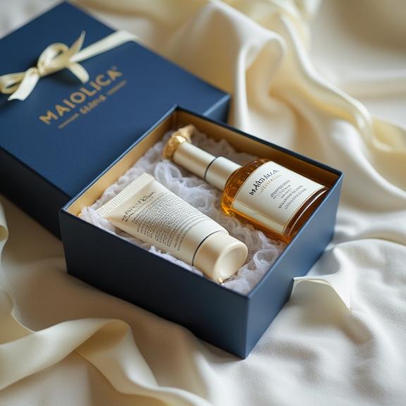 Packaging di lusso per una confezione regalo di prodotti Maiolica Bellezza.