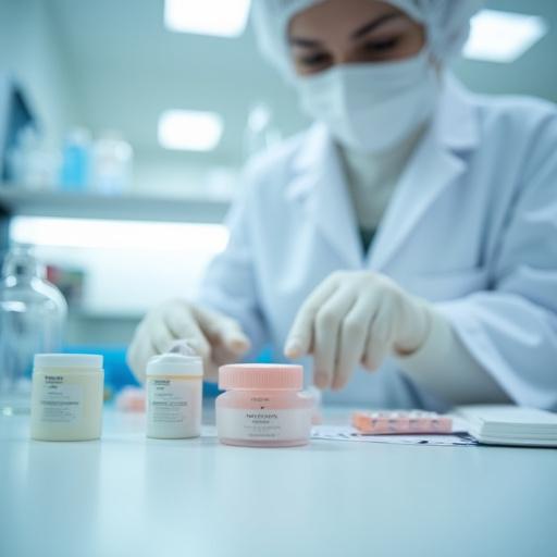 Tecnico di laboratorio che ispeziona un piccolo lotto di prodotti finiti.