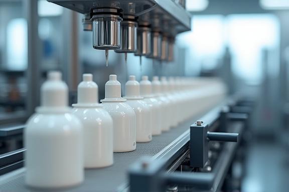 Piccola linea di imbottigliamento con flaconi di lusso.