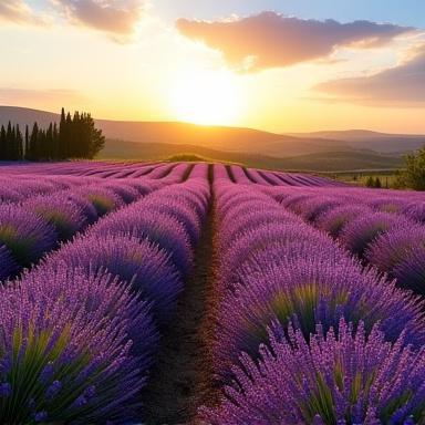 Campo di lavanda in fiore sotto il sole toscano.