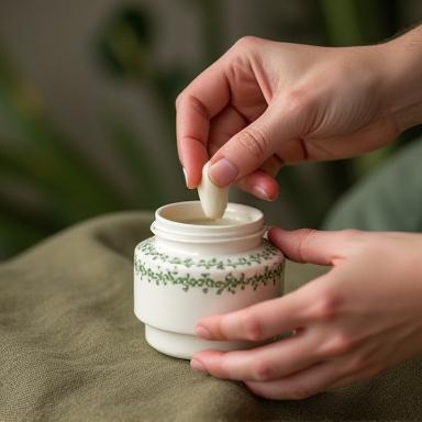 Mani che inseriscono una ricarica ecologica in un prezioso vaso di ceramica.